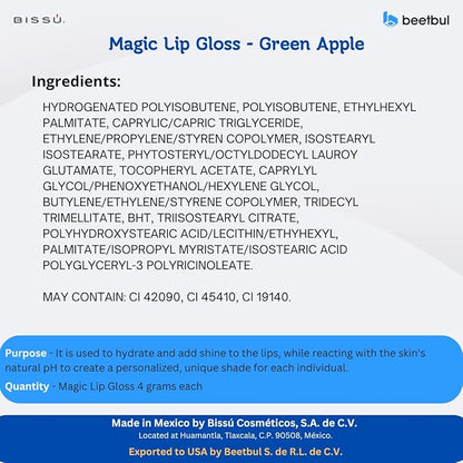 Bissú Magic Lip Gloss, 6 Fruity Scents, Moisturizing pH Reactive Gloss, with drop-shaped applicator and large size (02 Green Apple, 4 Grams)