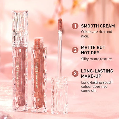 Diamond Matte Nude Lip Gloss, Glitter Metallic Liquid Lipstick Glitter Shimmer Lip Glaze, Shimmery Finish, High Pigment Long Lasting Lip Gloss Tint Christmas Party Makeup (#05)