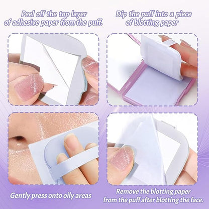 BOROLA 3-in-1 Oil Blotting Paper Set for Face 100 Sheets Oil Absorbing Sheets with Portable Mirror & Adhesive Makeup Puff, Blotting Papers for Oily Skin, Design for Men & Women(Purple)