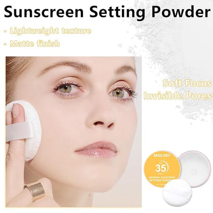 Sunscreen Setting Powder SPF 35, Translucent Face Loose Powder for Face & Scalp, Oil Control Mineral Powder Natural Matte Finish Sheer Coverage Lasting Lightweight Breathable (03 White)