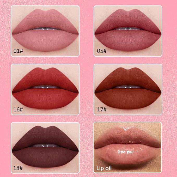 5Pcs Matte Velvet Liquid Lip Gloss Set, Liquid Lip Sticks + 1Pcs Lip Oil Set, Red Lipstick Collection, Rich Colors Long-Lasting Wear Not Fade Waterproof Lip Stain for All Skin Types (set4