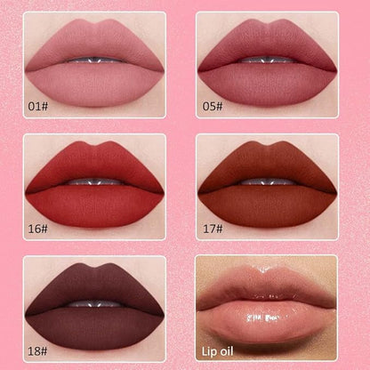 5Pcs Matte Velvet Liquid Lip Gloss Set, Liquid Lip Sticks + 1Pcs Lip Oil Set, Red Lipstick Collection, Rich Colors Long-Lasting Wear Not Fade Waterproof Lip Stain for All Skin Types (set4