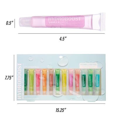 12pc Lip Oil Set - Flavored Lip Oils Value Pack, Hydrating Lip Oils w/Squeeze Tube Application, Moisturizing Lip Oil Collection for Everyday Lip Care and Lip Repair (HYDROBOOST)
