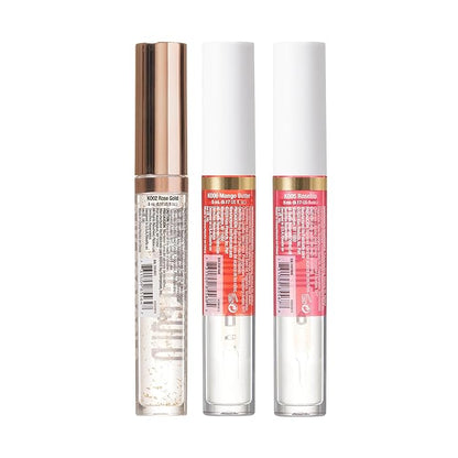3 PACK Lip Oil Gloss, Hydrating Non-Sticky Lip Oil, 100% Natural Oil Clear Lip Gloss, Lightweight Lip Moisturizer (Rosegold & Rosehip & Mango Butter)
