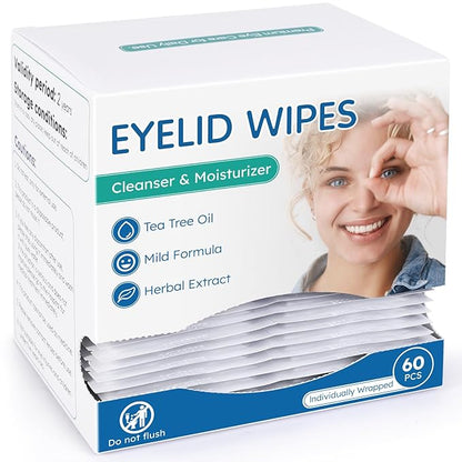 Eyelid Cleansing Wipes for Dry Eye & Blepharitis, tea tree oil Pre-Moistened Hypoallergenic Eye Wipes for Sensitive Itchy Eyes, Individually Wrapped Eyelid Wipes Travel Essentials (60 Count)