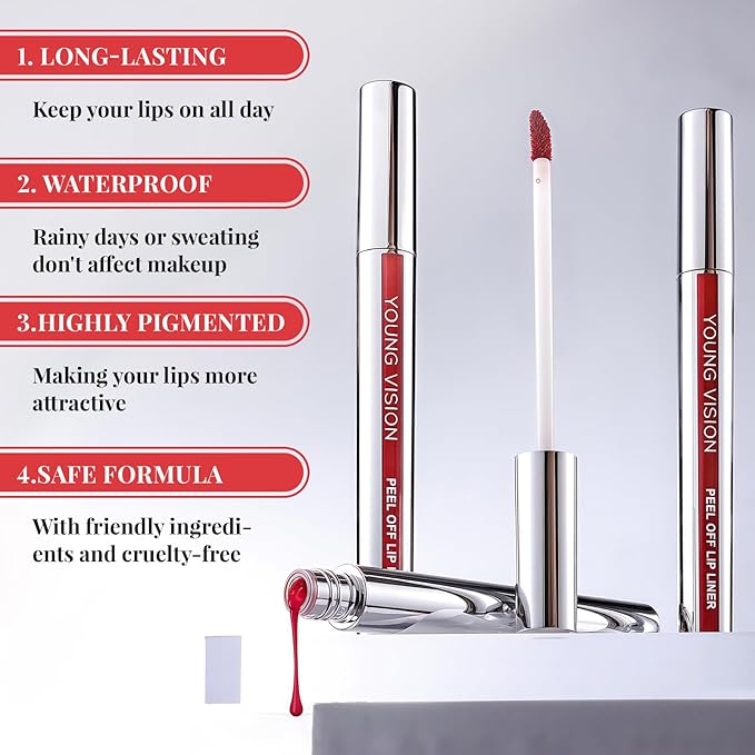 Peel Off Lip Stain Lip Liner, Long-Lasting Peel Off Lip Tint for Women Girls, Non-Stick Cup Tattoo Magic Color Tint, Waterproof Matte Lip Gloss, Highly Pigmented Peel Off Lip Liner Stain Makeup