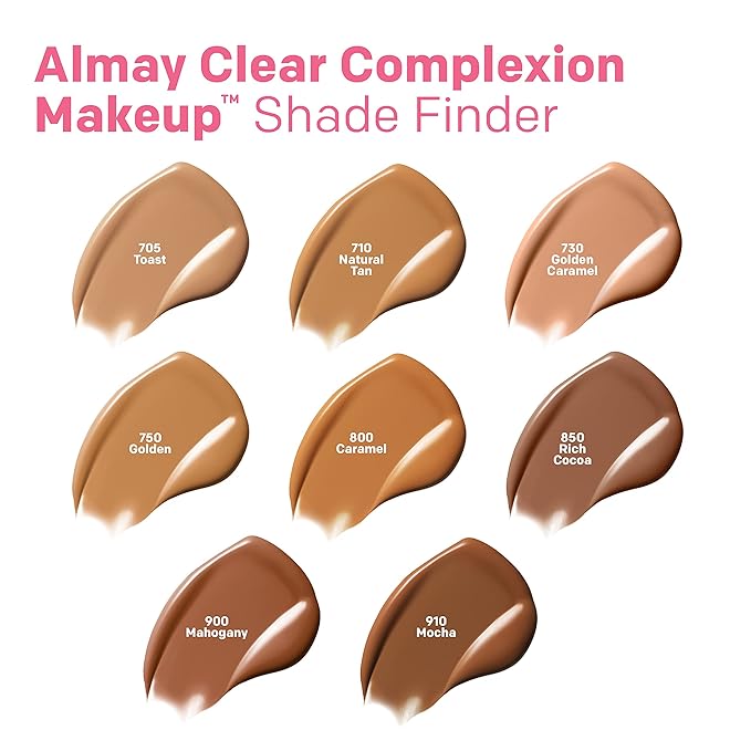 Almay Clear Complexion Acne Foundation Makeup with Salicylic Acid, Medium Coverage, Soft Matte Finish, Hypoallergenic, Cruelty- & Fragrance-Free, Dermatologist Tested, 910 Mocha, 1 fl oz
