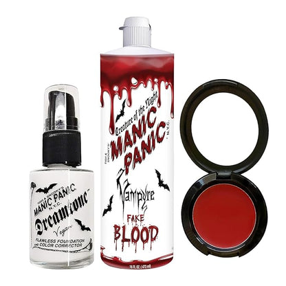 MANIC PANIC Dreamtone White Liquid Foundation Bundle with Vampire's Kiss Red Face & Body Paint, and Vampire Fake Blood