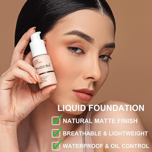 Foundation Set, 2Pcs Flawless Foundation and Makeup Spong Set for Natural Look, Waterproof, Medium Coverage, Matte Finish, Oil-Control, Odorless, Super Stay Up to 12 Hour (#102, Nude)