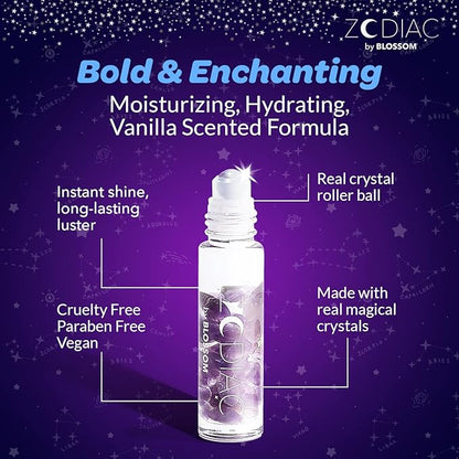 Blossom Lip Gloss Zodiac Sign Vanilla Scented Roll-On Lip Gloss, Moisturizing + Hydrating with Zodiac Crystals, Made in USA, 0.20oz, Sagittarius