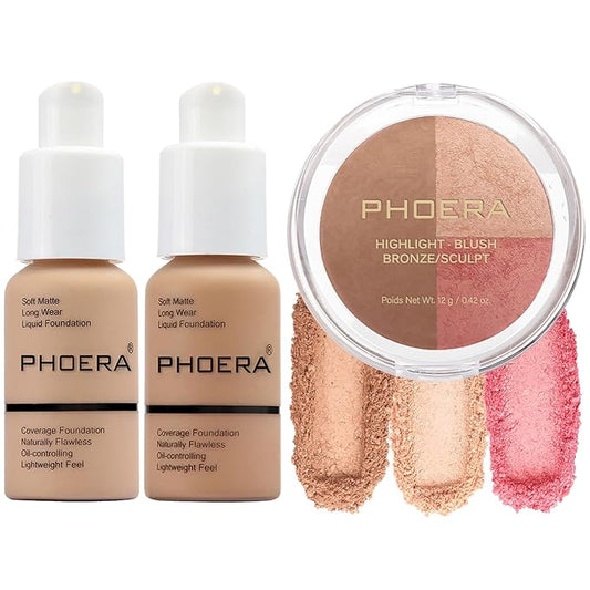 PHOERA Foundation, PHOERA Contour Palette,Shades with Highlighter & Bronzer & Blush,PHOERA Makeup Lightweight Long Lasting Wrinkles Matte Natural Finish (104+105+ #002 Contour/Buff Beige+Sand+#002)
