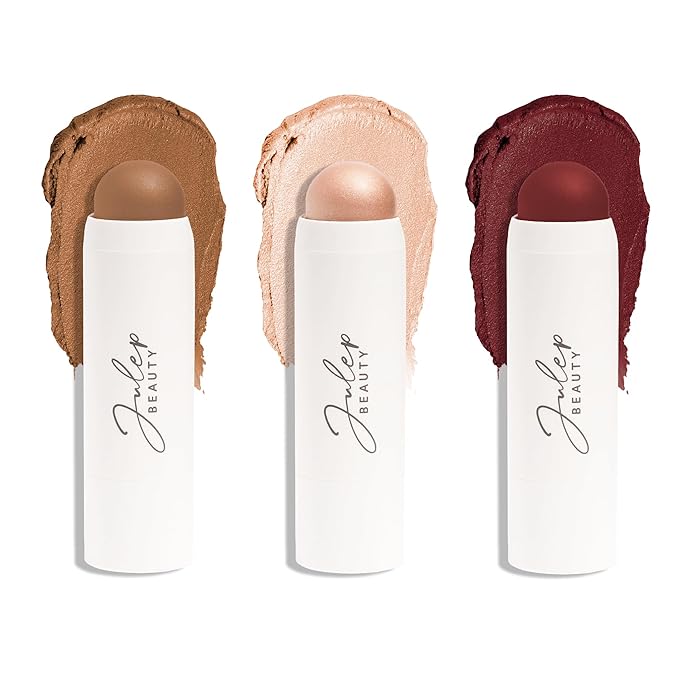 Julep Skip The Brush Cream to Powder Blush Stick Trio - Blendable and Buildable Color - 2-in-1 Blush and Lip Makeup Stick, Neutral Bronze, Sheer Glow, Passion Fruit