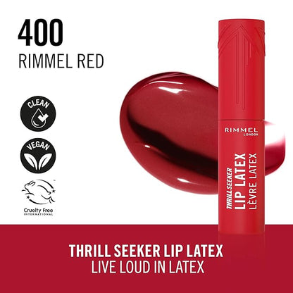 Rimmel Thrill Seeker Lip Latex, 400 Rimmel Red, Liquid Lipstick, Lipgloss, Lip Colour, Hyaluronic Lipstick, Lip Stain, Smooth Shine, Hydration, Hyaluronic Acid, Vitamin E, Aloe Vera, 0.2oz