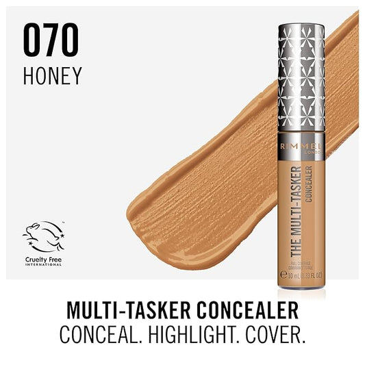 Rimmel London, Multi-Tasker Concealer, 070 Honey, Crease-Proof, Transfer-Proof, Waterproof, Up To 24-Hour Wear, Vegan Formula, 0.33oz
