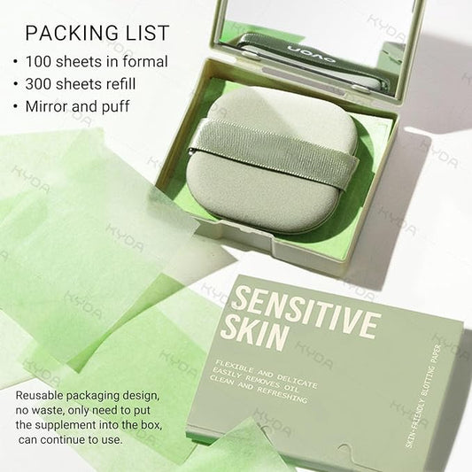 KYDA 400 Sheets Oil Blotting Paper with Mirror and Puff, Refills Included, Skin-friendly Face Oily Absorbing Sheets for All Skin, Travel Size (1 Formal + 3 Fillers)