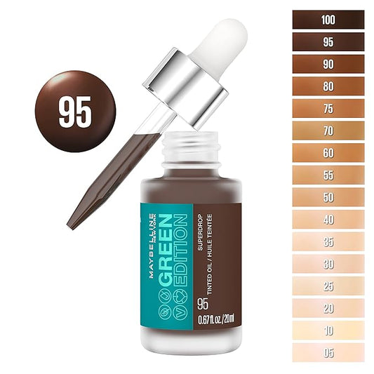 Maybelline Green Edition Superdrop Tinted Oil Base Makeup, Adjustable Natural Coverage Foundation Formulated With Jojoba & Marula Oil, 95, 1 Count