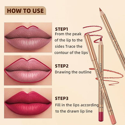 12 Colors Lip Liner Set, Brown Pink Red Series Lip Liners, Plump Nude Lip Shape No Smudge Longwear Smooth Lip Pen Waterproof Lipstick High Pigmented Natural Lip Makeup Pencil