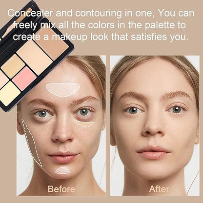 6 Colors Correcting Concealer Palette, Makeup Cream Contour Palette with Brush, Contouring Foundation Highlighting Concealer Palette for Conceals Dark Circles, Redness, Acne, Blemish（B）