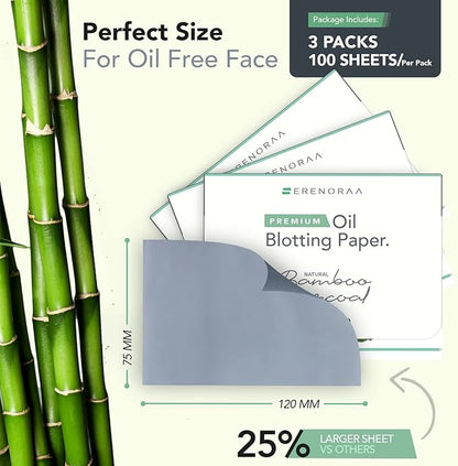 Premium Natural Bamboo Charcoal Oil Blotting Sheets for Face - 3x100 Sheets with Extra Large 5x3" Thick Blotting Paper for Oily Skin - Dispensable Portable Pack - Reduce Skin Acne - Makeup Friendly