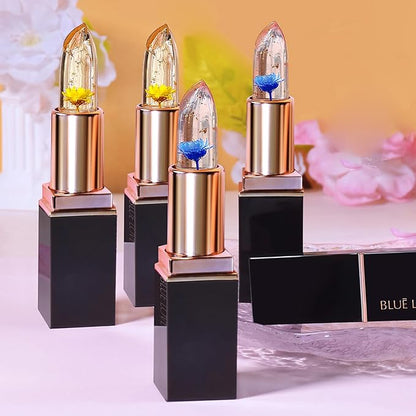 BLUE LOVE 2PCS Color Changing Flower Lipstick - Hydrating Jelly Lip Balm with Flower, Long-Lasting Moisturizer & Nourishing Lip Gloss (Gold&Pink)