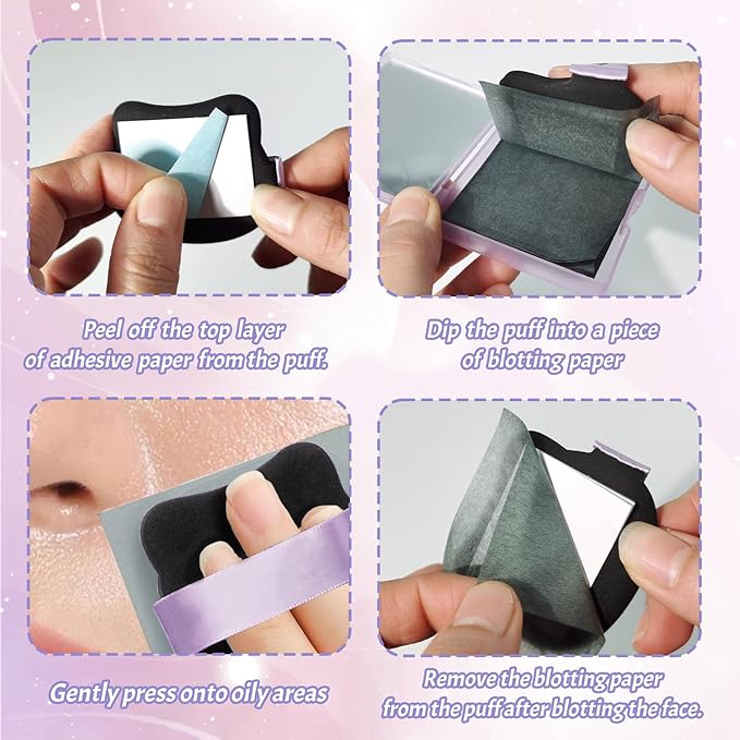 BOROLA 3-in-1 Cute Girl Bamboo Charcoal Oil Blotting Paper Set for Face 100 Sheets Oil Absorbing Sheet with Portable Mirror & Adhesive Makeup Puff, Blotting Paper for Oily Skin, Design for Men & Women