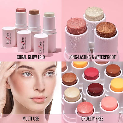 KIMUSE Multi Stick Trio Face Makeup, Cream Blush Stick for Cheeks & Lips, Contour Stick & Highlighter Makeup Sticks for All Skin
