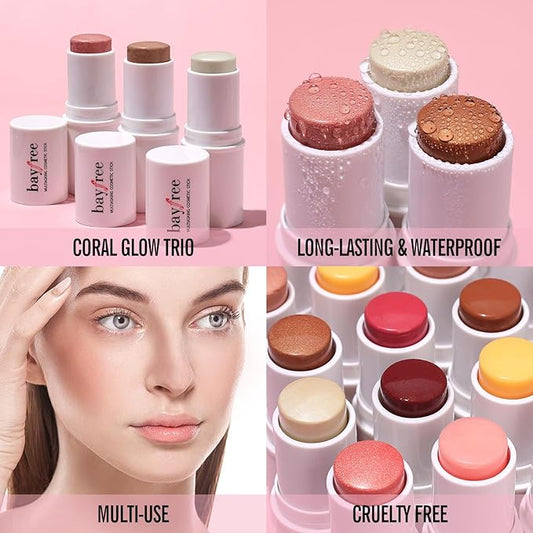 KIMUSE Multi Stick Trio Face Makeup, Cream Blush Stick for Cheeks & Lips, Contour Stick & Highlighter Makeup Sticks for All Skin