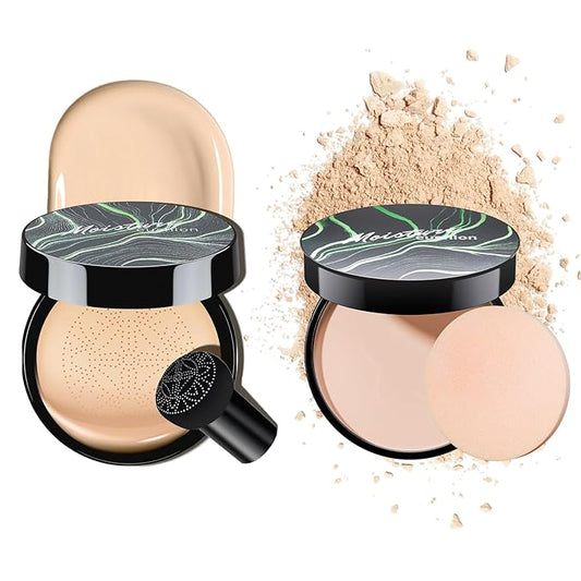 Mushroom Head Air Cushion CC Cream with Setting Powder Makeup Set, Blurs Fine Lines & Imperfections, Controls Shine & Smooths Complexion, Even Skin Tone for All Skin Types for Women (Natural)
