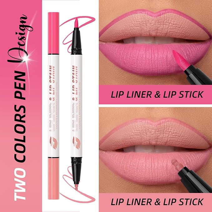 DAGEDA 2 Colors Lip Liner Pen,Double-ended Lip Stain Marker Design,Natural Matte Finish,Waterproof Liquid Lipstick, Long Lasting No Transfer Lips Makeup for Women(Color A)