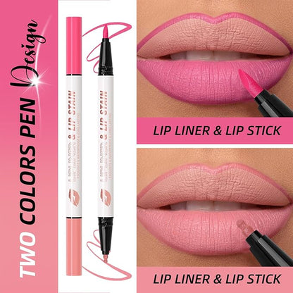 DAGEDA 2 Colors Lip Liner Pen,Double-ended Lip Stain Marker Design,Natural Matte Finish,Waterproof Liquid Lipstick, Long Lasting No Transfer Lips Makeup for Women(Color A)