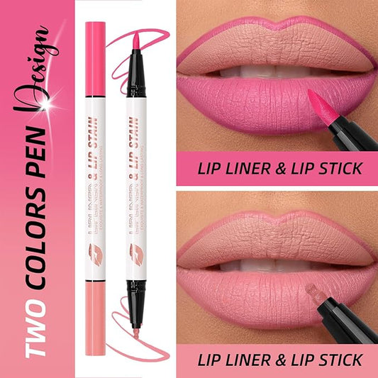 DAGEDA 2 Colors Lip Liner Pen,Double-ended Lip Stain Marker Design,Natural Matte Finish,Waterproof Liquid Lipstick, Long Lasting No Transfer Lips Makeup for Women(Color A)
