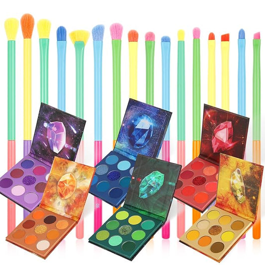Docolor 16Pcs Colorful Eye Makeup Brushes Set + 54 Colors Gemstone Eeyshadow Palette Pigmented Matte Shimmer Metallic Blendable Soft Cream Powder Makeup Eye Shadow Palettes
