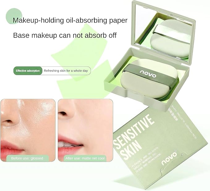 Novo Oil Absorbing Sheets with Mirror & Powder Puff – 100 Sheets, Instant Shine Control, Portable & Travel-Friendly, Convenient Oil Control, Non-Greasy Skin, Easy to Use, Unisex