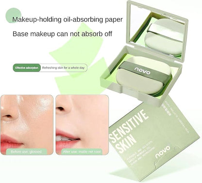 Novo Oil Absorbing Sheets with Mirror & Powder Puff – 100 Sheets, Instant Shine Control, Portable & Travel-Friendly, Convenient Oil Control, Non-Greasy Skin, Easy to Use, Unisex