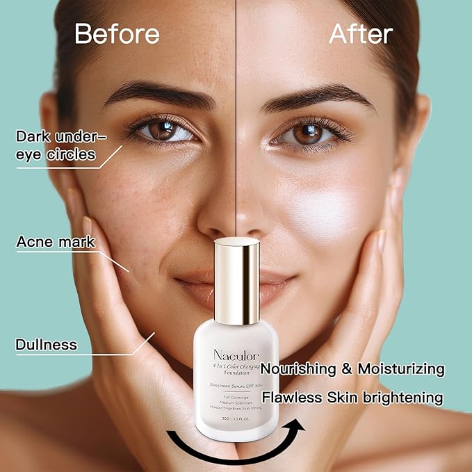 Foundation 4 in 1 - Medium Spectrum with SPF 50+,Multi-Use Liquid Makeup,Color Changing,Hydrating&Concealer&Sun Protection&Primer,Lightweight for Gym,Sports.