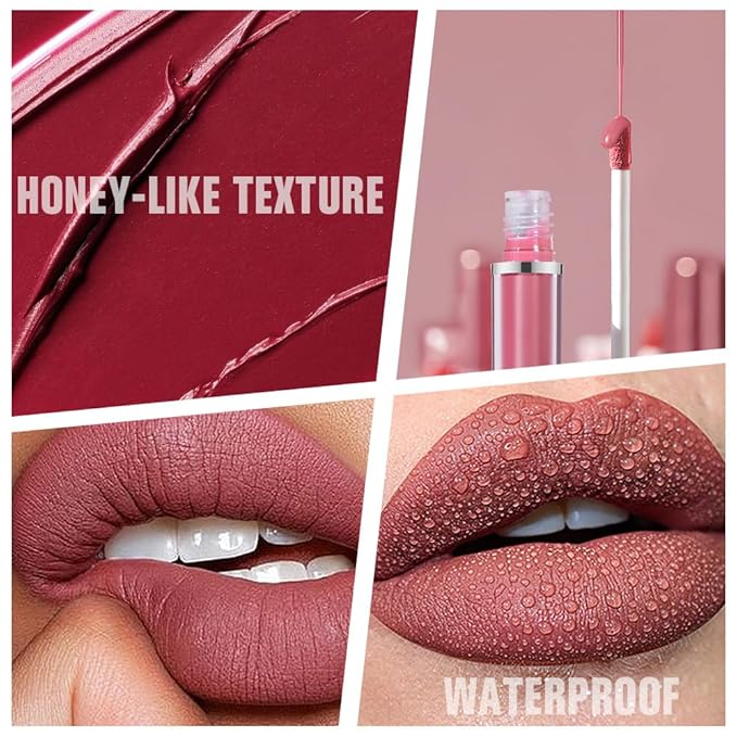 6Pcs Matte Velvet Liquid Lipstick Set, Non Stick Cup Wine Orange Red Mauve Ruby Dark Red Colored Lipstick Lip Stick Gloss Set High-pigmented Long Lasting Waterproof Lip Makeup Stain (Set A)