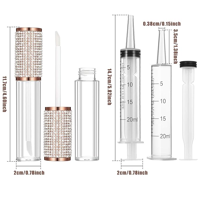Maitys 12 Pieces Crystal Rhinestone Lip Gloss Wand Tubes Include 10 Pieces 5 ml Empty Lip Gloss Lip Balm Bottles with Rubber Stoppers and 2 Pieces 20 ml Plastic Syringe for Cosmetic (Rose Gold)