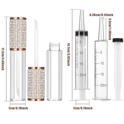 Maitys 12 Pieces Crystal Rhinestone Lip Gloss Wand Tubes Include 10 Pieces 5 ml Empty Lip Gloss Lip Balm Bottles with Rubber Stoppers and 2 Pieces 20 ml Plastic Syringe for Cosmetic (Rose Gold)