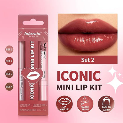 3PCS Lip Liner and Lipstick Combo Set - Matte Lip Liner Pencil, Velvet Matte Lipstick & Hydrating Collagen Lip Gloss - Long-Lasting, Smudge-Proof, High Pigment Nude Brown Lip Makeup Kit (Set 2, 3)