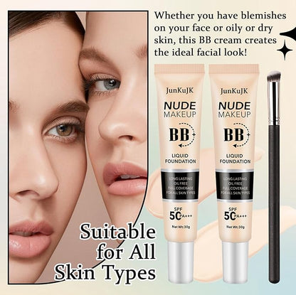 2PCS Hydrating BB Cream,Full Coverage Concealer Liquid Foundation for All Skin Types,Face Sunscreen SPF 50 PA++++ Long Lasting Moisturizing Oil Control Foundation Makeup Brush Set（Ivory & Natural）