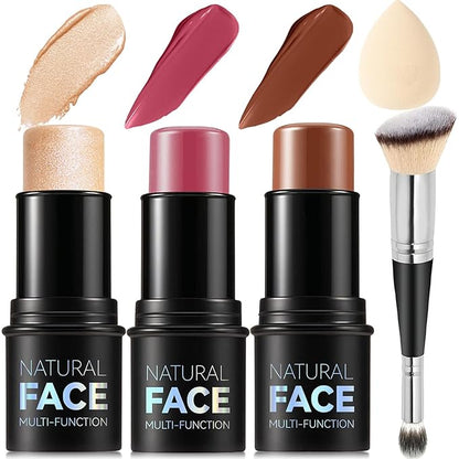 3Pcs Cream Contour Stick Makeup Kit, Shades with Highlighter, Blush and Bronzer Contour Stick for Sculpt the Cheeks, Long Lasting, Waterproof, Matte & Dewy Finish LIGHT FAIR(8+10+12)