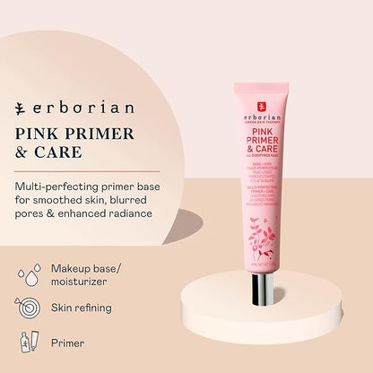 Erborian – Pink Primer & Care Multifunctional Facial Cream Balm - Primer Sets Makeup, Pore Minimizing, Skin Moisturizing and Smoothing Effects for All Skin Types - Korean Skincare - 1.5 fl. oz.