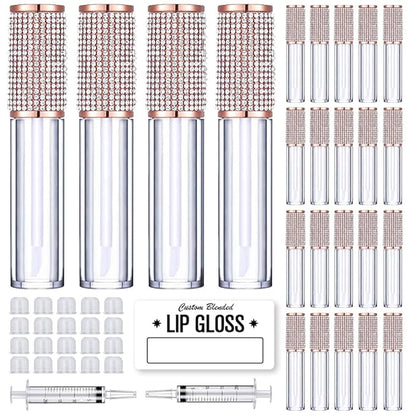 AMORIX 24 Pack Crystal Rhinestone Lip Gloss Tubes with Wand 5ml Empty Lip Gloss Containers Lipgloss Bottles with Stoppers 2pcs Syringes + Labels for DIY Lip Gloss Balm