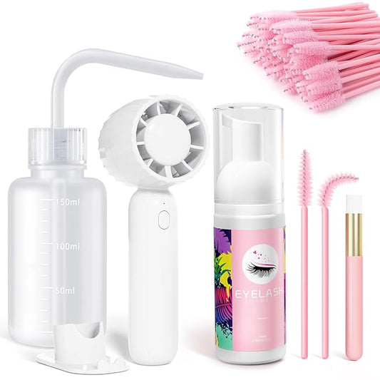 Buqikma Lash Shampoo Kit - Eyelash Extension Cleanser for Extensions 60ML with Rechargeable Handheld Lash Fan Dryer Mascara Brush Rinse Bottle Makeup Cleansing Foam for Lash Care