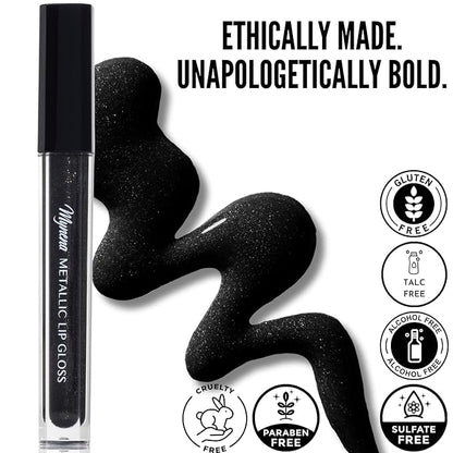 Mynena Black Glitter Lip Gloss Non-Sticky Filled with Iridescent Sparkles | Lightweight Shimmer Lip Topper – Paraben-Free | Demi-Sheer Lipgloss from Cosplay to Everyday Glam | Ebony