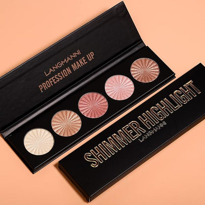 Highlighter Powder Palette, Makeup Palette Facial Bronzers Illuminator Palette Highlighter Baked Waterproof Long Lasting Brilliant Lighten Skin Color (5 Color, 1 Count (Pack of 1))