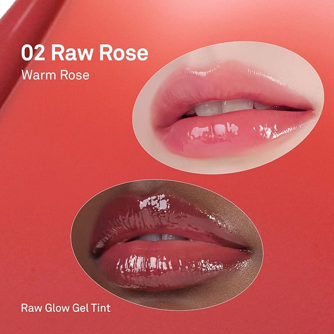 HINCE Raw Glow Gel Tint - Glossy Dewy Lip Tint, Non-Sticky & Long Wearing Lip Gloss for Natural Glass Glow, Moisturizing Liquid Lipstick, Vegan, 0.13 fl.oz. (RAW ROSE, 02)
