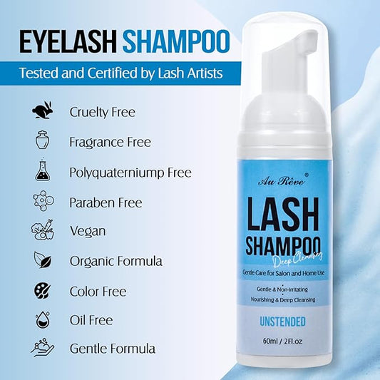 Lash Shampoo for Lash Extensions 60 Ml/2fl.oz Eyelash Extension Cleanser Oil Free Lash Cleanser for Eyelash Care, Gentle Foaming Eyelash Shampoo with Brush for Salon Home Care (Unscented 60ml)