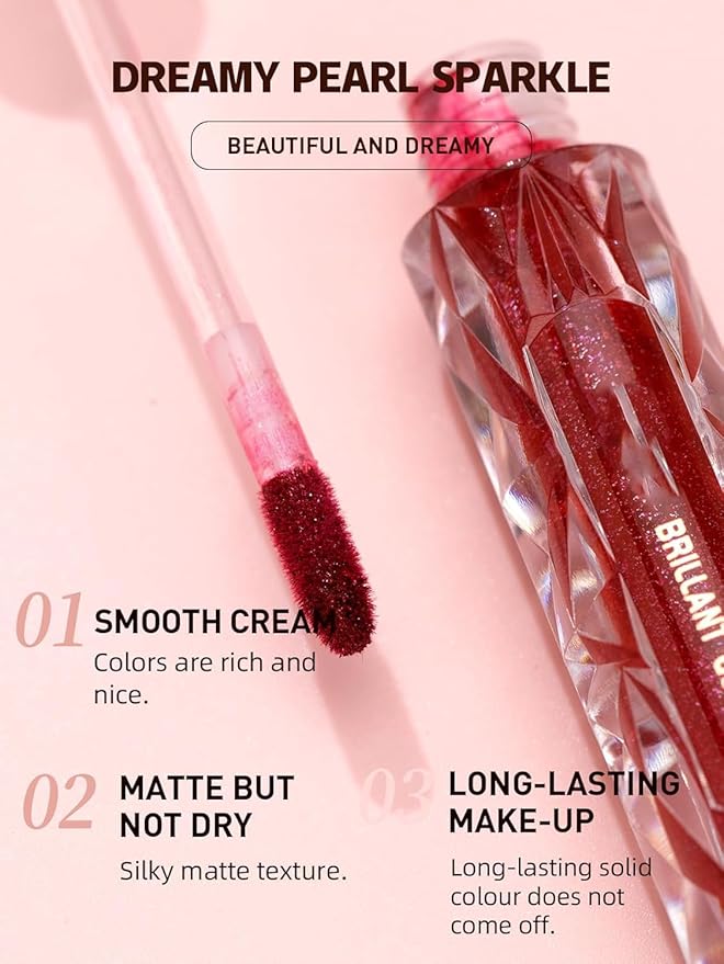 Red Lip Gloss for Women, High Pigment Diamond Shimmer Metallic Lip Glaze, Long-Lasting Shiny Liquid Lipstick, Waterproof, Moisturizing, Popular Shiny Lip Color,Christmas Party Makeup (#06)