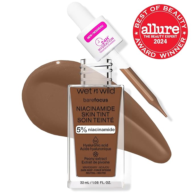 wet n wild Bare Focus Skin Tint, 5% Niacinamide Enriched, Buildable Sheer Lightweight Coverage, Natural Radiant Finish, Hyaluronic & Vitamin Hydration Boost, Cruelty-Free & Vegan-Mahogany